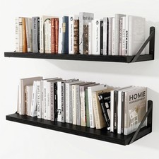 Set of 2 Black Finish Deep Wall Shelves 30"W x 8"D Engineered Wood for Home