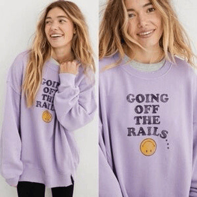 AERIE Women s Lavender Going Off The Rails  Graphic Crewneck Sweatshirt Size XXS