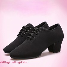 Women Black Latin Dance Shoes Soft Sole Mid Heel Practice Sneaker Ballroom Chic