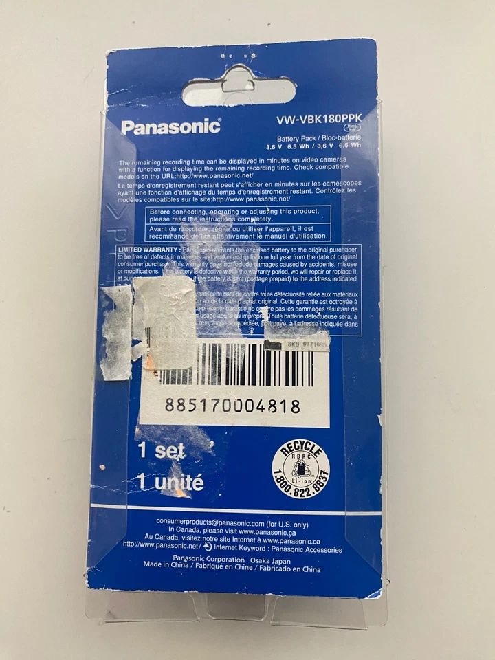 GENUINA Panasonic VW-VBK180 Videocámara Batería Paquete 3.6 V 1790 mAh 6.5 Wh Li-ion Foto 2 de 4