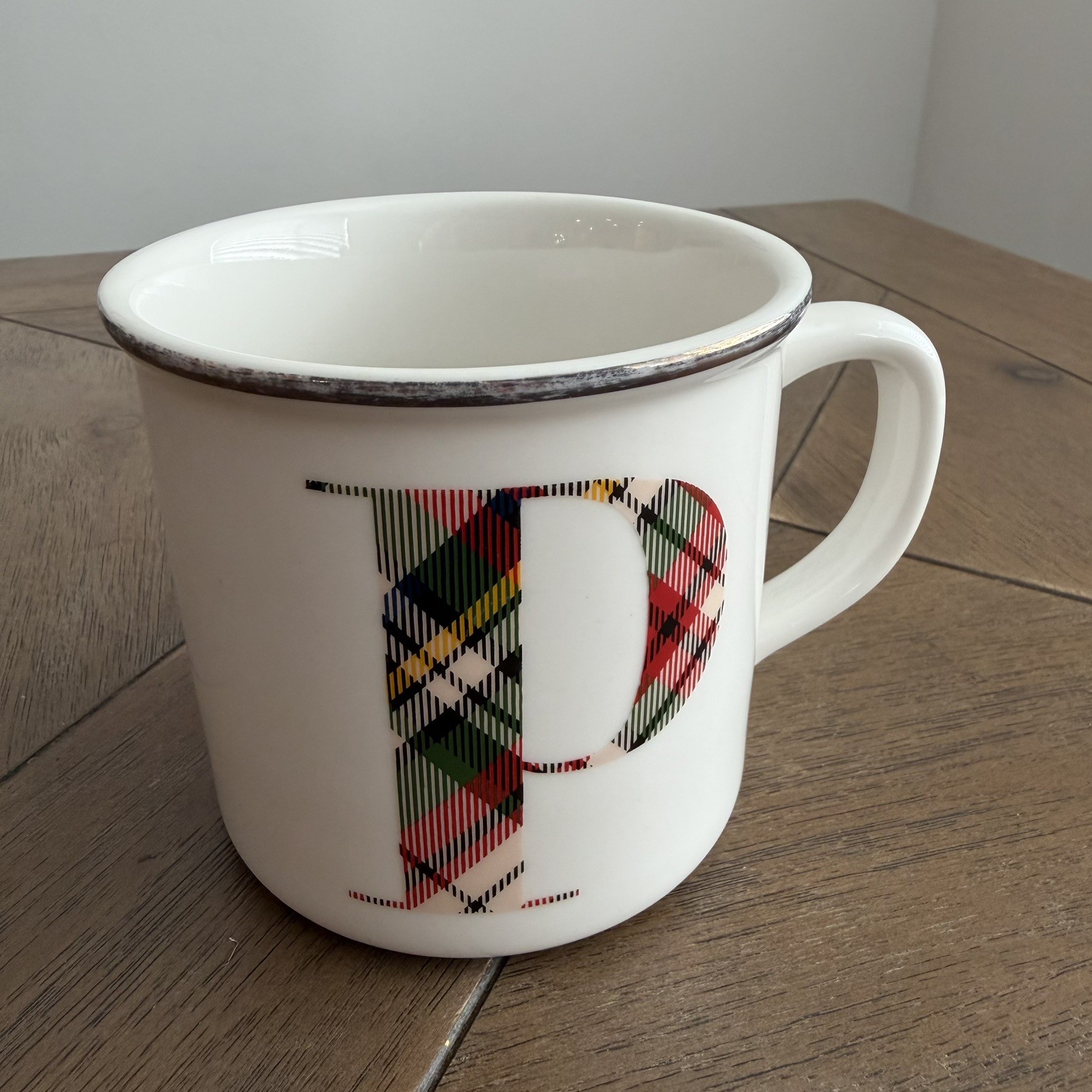 Monogram G POTTERY BARN Plaid “ P ” Initial Mug Gold Rimmed 14 oz Coffee Tea Cup ...