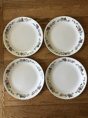 4 Vintage Corelle Corning GARDEN HOME 10¼  Dinner Plates Birdhouses Cottagecore