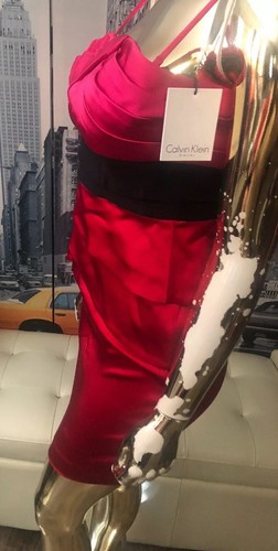 NWT Calvin Klein Hot Pink/ Red Satin Tucked Shealth Party/ Cocktail Dress Sz 2❤️ - Picture 5 of 8