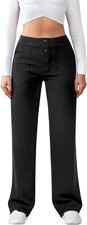 Women's Casual High Waist Stretchy Straight Leg Button Pocket Work Dress Pants