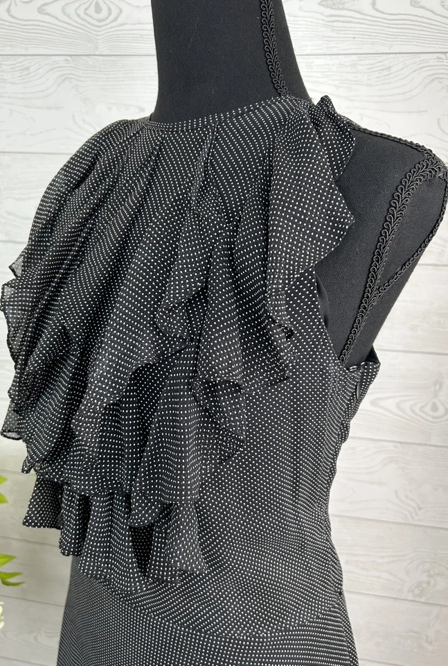 Talla 16 VESTIDO HALTER RALPH LAUREN 100 % Seda Negro Ajuste Acampanado Lunares Volantes $200 Foto 3 de 4