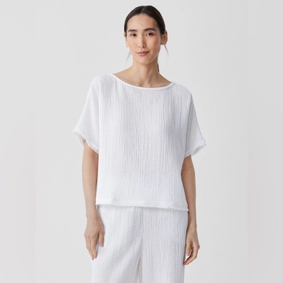 Eileen Fisher Organic Cotton Lofty Gauze Bateau Neck Top in White size XL