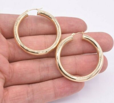 1 1/2'' 5 mm x 40 mm kräftig glänzend schlicht Creolen ECHT 14K Gelbgold