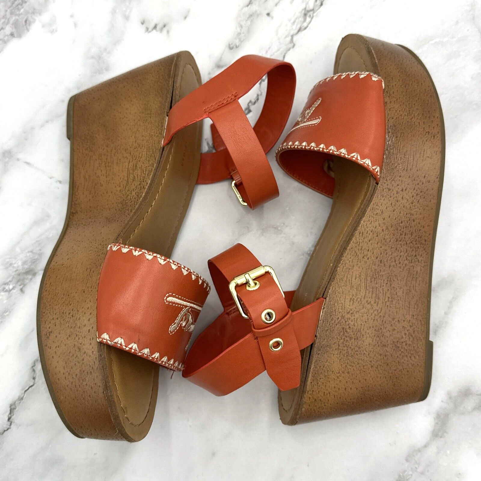 Tommy Hilfiger Walalei Orange Branded Wedge Heel Sandals Womens Size 8M thumbnail 7