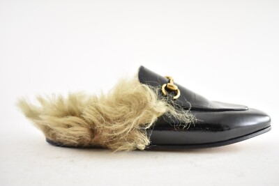 Gucci Princetown Black Patent Leather Fur Loafer Slide Slip Mule
