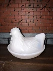 Vintage Small White Milk Glass Chicken Hen on a Nest Candy Dish Covered Dish