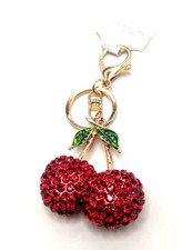 KAWAII Bling Cherry Keychain 3D Rhinestone Key Chain Gold - Red  CUTE 