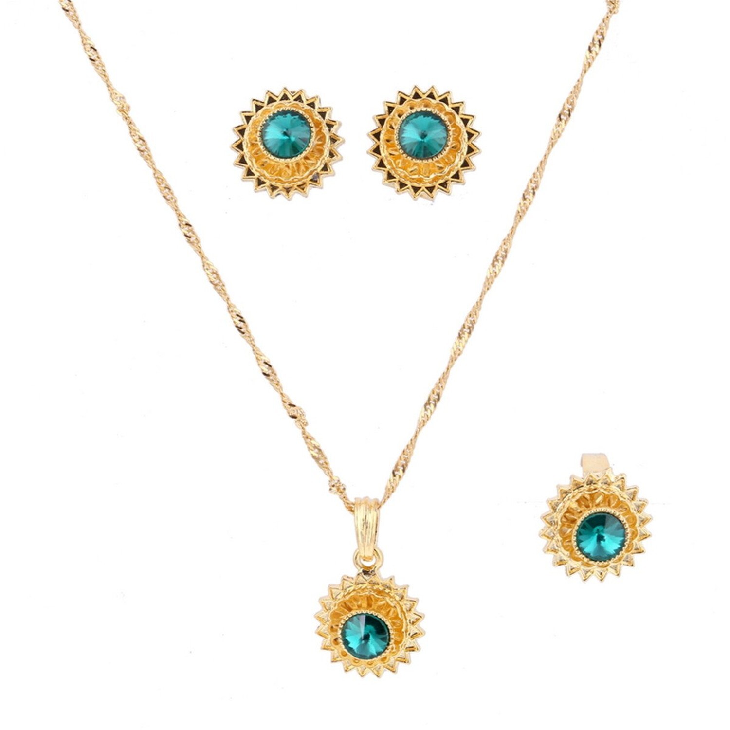 Flower Jewelry Set Ethiopian Gold Jewelry Sets Earrings Pendant Ring with Sto...