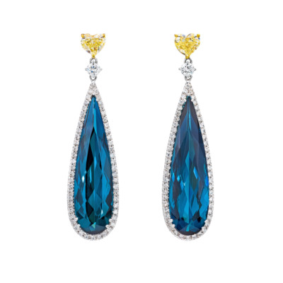 Fabulous Long Pear Shape 45.32CT London Blue Topaz, Yellow Citrine & CZ Earrings