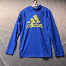 Adidas Youth Hoodie Size L 14/16 Blue Yellow Logo Pullover Boy's Top Regular Fit