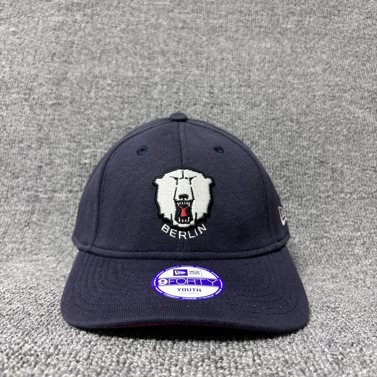 New Era 9FORTY Youth Berlin Bear Hat Navy Blue Red Underbrim Adjustable Cap