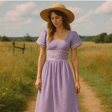 VTG 70s Purple Gingham Maxi Dress Prairie Cottagecore Lace Trim Flutter Sleeve