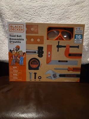 Black + Decker Junior Toy Tool Set Realistic Features includes Goggles 16-Pcs 