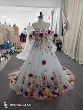 Champagne Wedding Dress Puffy Sleeve Strap Colorful 3D Flower A Line Bridal Gown