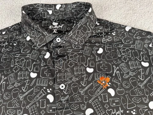 OutWest Golf Polo Shirt XL Black Orange Doctor Medical Physician All Over Print