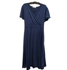 Nemidor Ladies Size 18 Navy Blue Midi Dress V-neck Short Sleeve Pockets Modest 