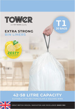 Image of Tower T878000 42-58L Lemon Scented Heavy Duty Drawstring Bin Liners, 20 Pack, Wh