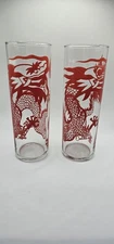 Orchilds- RED WRAP-AROUND DRAGON- 6 3/4" Highball Tom Collins Glass, Set of 2