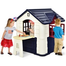 Kids Games Cottage with Working Doors Windows Playhouse Toy House Set Blue