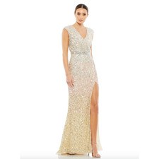 MAC DUGGAL Dress Size 2 Evening Gown Sequin Beaded V-Neck NEW Cream Cap Sleeve 