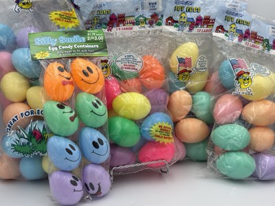 Vtg NEW 44Piece+ Eggsville Fillable Plastic Satin Color Easter Eggs Made In USA