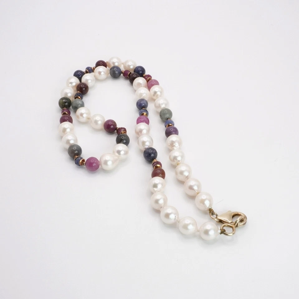 Collana Perle Akoya rubini Zaffiri Argento 925 Oro Vintage - Immagine 3 di 4