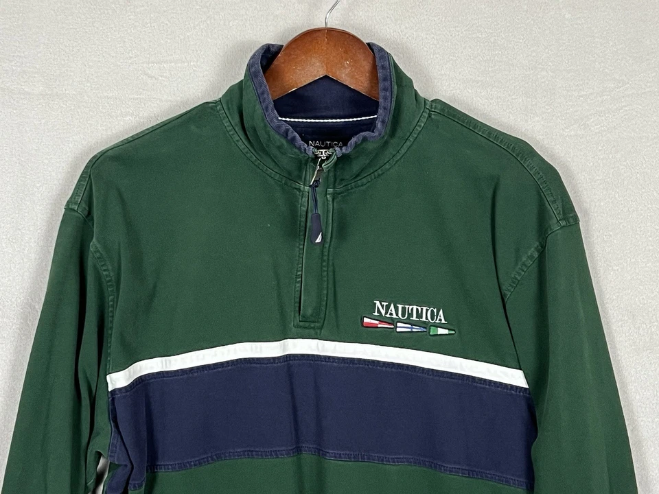 Nautica 1/4 Zip Sweatshirt Size L Green Color Vintage Men's Striped Mock Neck - Image 3 of 4