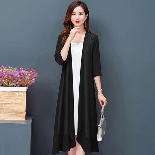 Women Cardigan Sheer Chiffon Long Jacket Coat Open Casual Half Sleeve Outwear - Bild 19 von 26