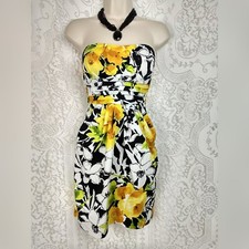 Snap Dress jr Size 3 Strapless Yellow Black White Floral Pockets Sundress Party