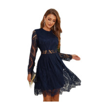 Blue Lace Dresses Long Sleeve For Women Knee-Length Size Cocktail Dress Size M