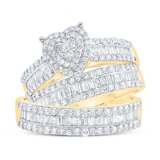 1.75 Cttw Baguette Diamond Heart Trio Wedding His Hers Set Ring 14k Yellow Gold