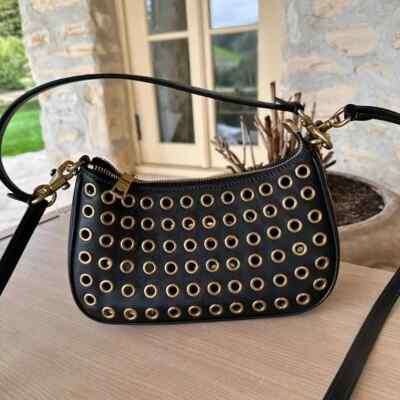 Coach Teri Shoulder Bag With Grommets Novelty Leather Brass Black