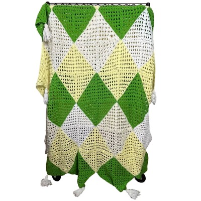Twin Crochet Bedspread Throw Covering Yellow Green White Tassel Shabby Chic Boho