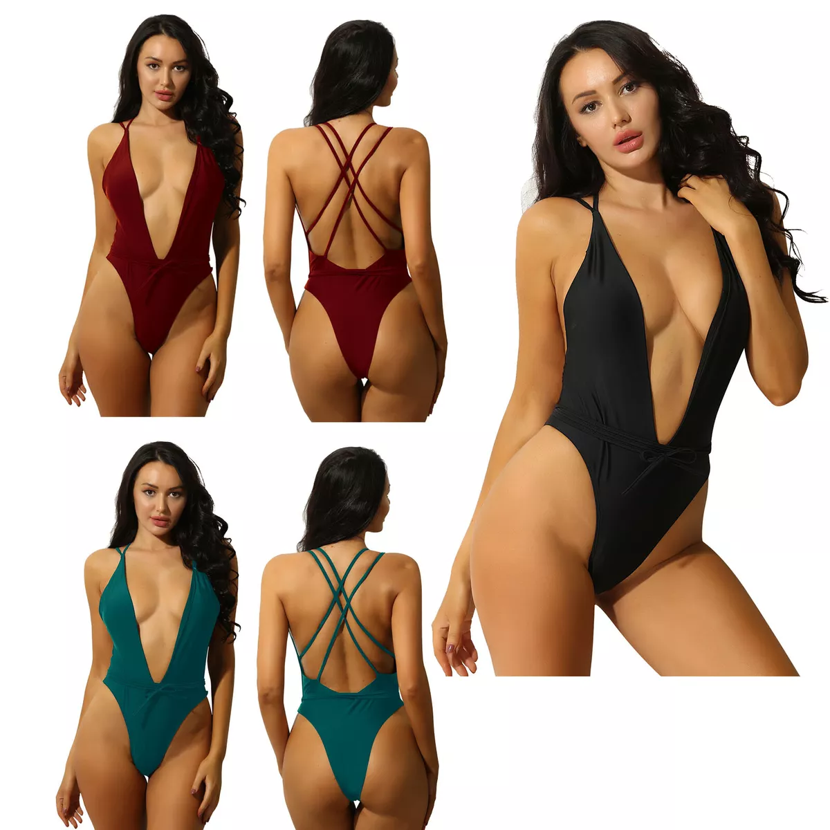 TQWQT Womens High Cut Bikini Sets Solid Color Cheeky Swimsuit Deep V Neck  Sexy Two Piece Bathing Suits