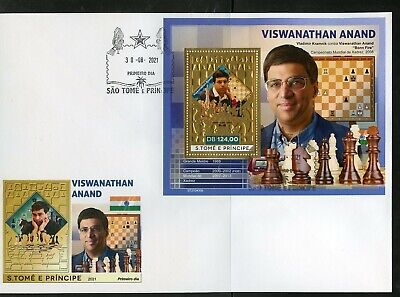 SAO TOME 2021 VISWANATHAN ANAND CHESS MASTER GOLD FOIL S/SHEET MINT NH