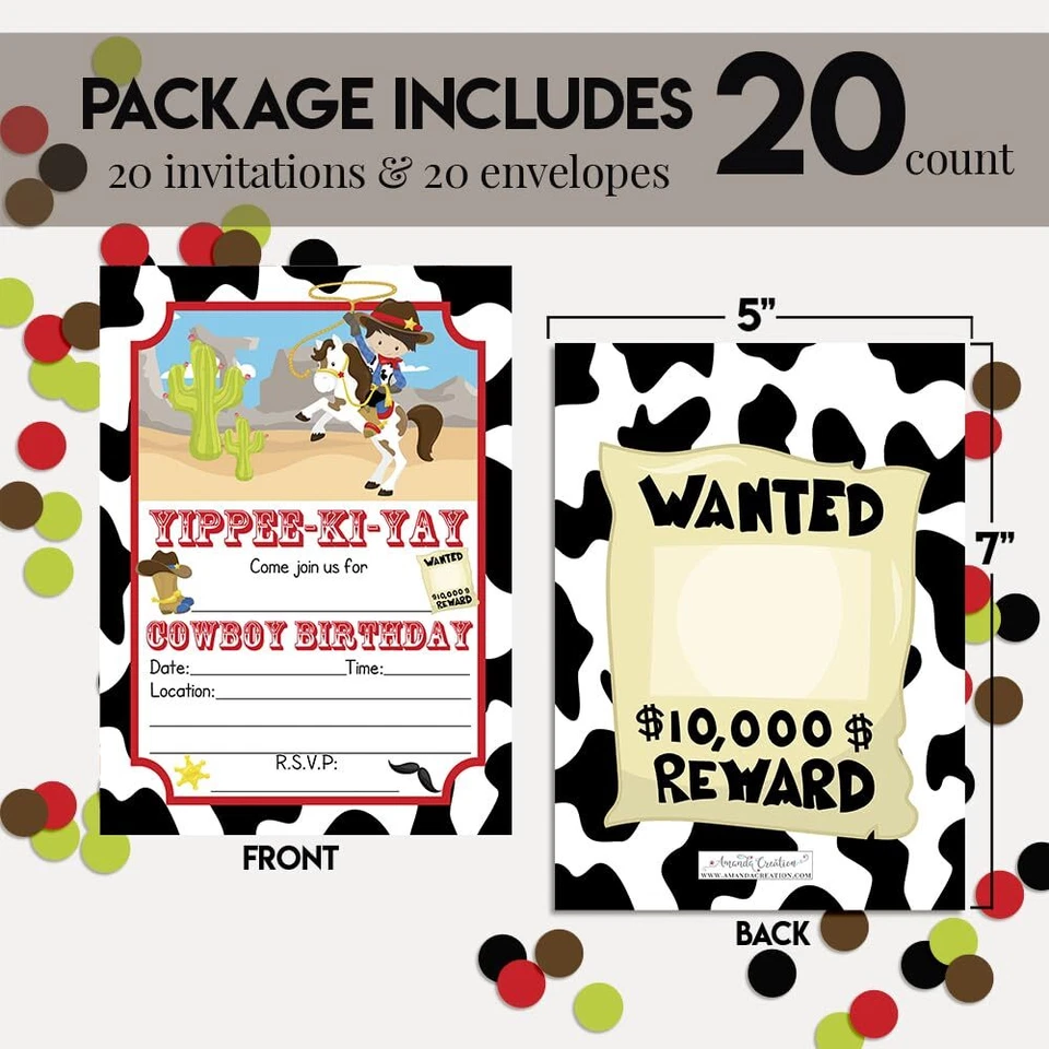 Invitaciones de fiesta de cumpleaños de vaquero para niños 20 tarjetas de relleno de 5x7 con veinte con... Foto 4 de 4