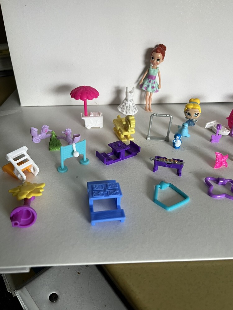Polly Pocket Mixed Lot Dolls Accessories Glitter Pets Water Slide Car Clothes