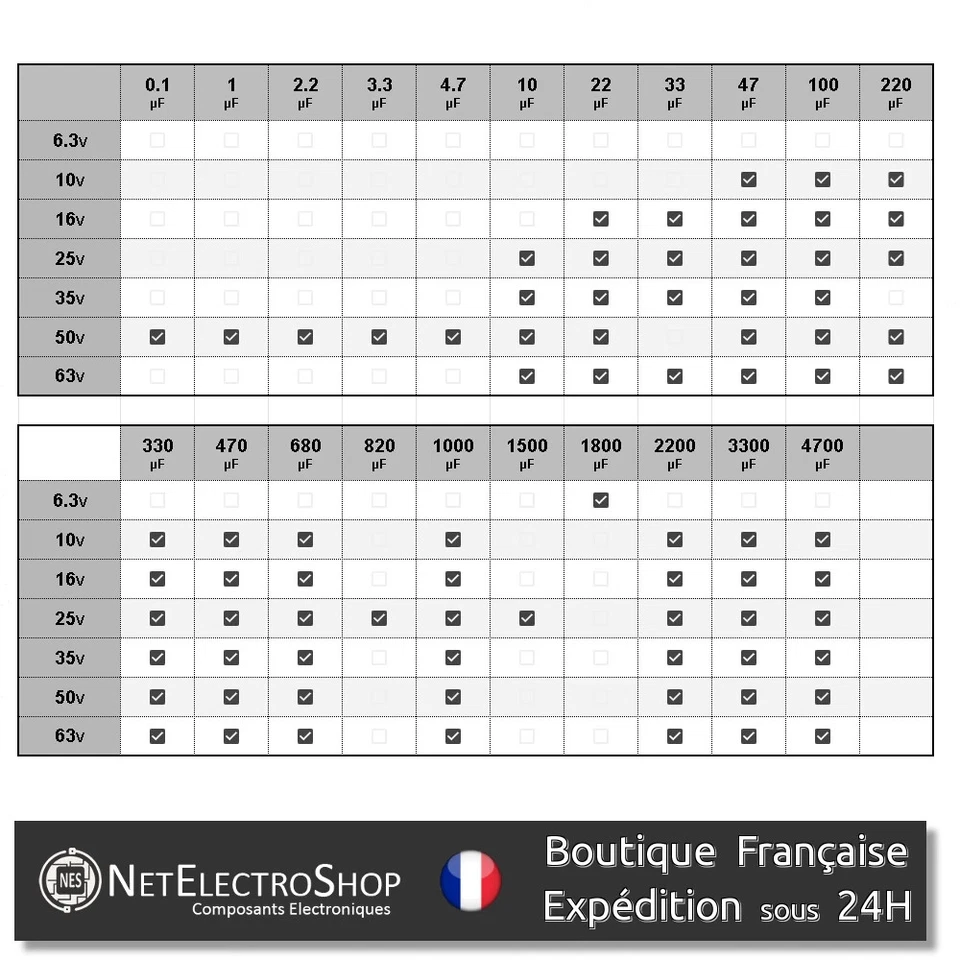 Condensateur Chimique Electrolytique - Choix : 0,1uF à 4700uF - 6,3V à 63V - Photo 2/2