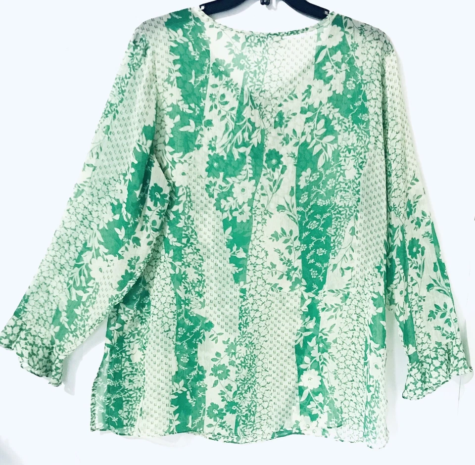 Blusa SUSAN GRAVER Verde/Marfil Floral Arrugado Volantes Hada Transparente Top Fluido Talla L Foto 2 de 4