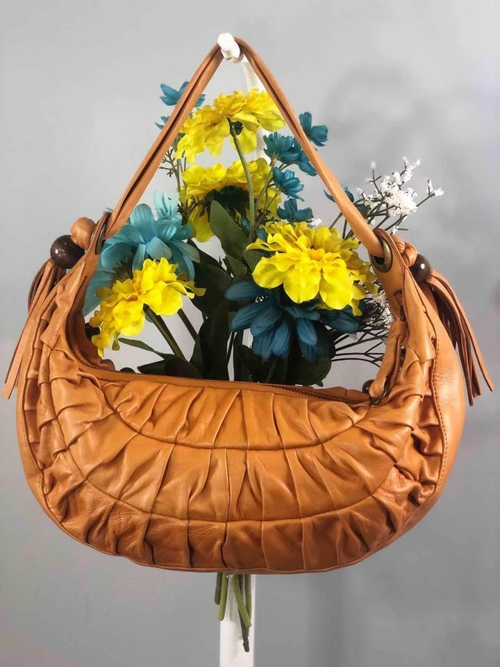 BCBG MAXAZRIA Large Beads Orange Leather Half Moon Fringe Baguette Shoulder Bag - Image 2 of 4