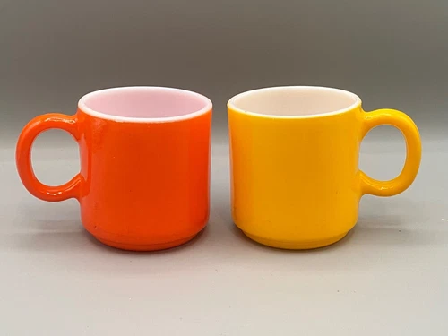 Vintage Hazel Atlas Orange Peel ORANGE YELLOW Painted Milk Glass Cups Mugs Pair