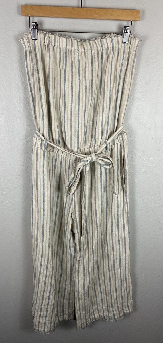CLOTH STONE Strapless Jumpsuit SMALL Belted Wide Crop Leg Striped Linen Blend