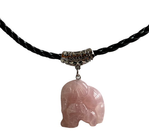 Carved Rose Quartz Elephant Necklace 18 