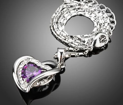 Fashion Jewelry Love Forever Heart Necklace 3-Heart Purple CZ 18K Gold Filled - Picture 2 of 3