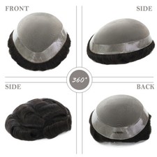 Mens Toupee Human Hair Replacement System Fine Mono Natural Black Hairpieces 1C