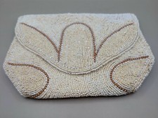 Vtg Handmade White Glass Seed Bead Faux Pearl Clutch Purse Belgium 6.5 X 4"